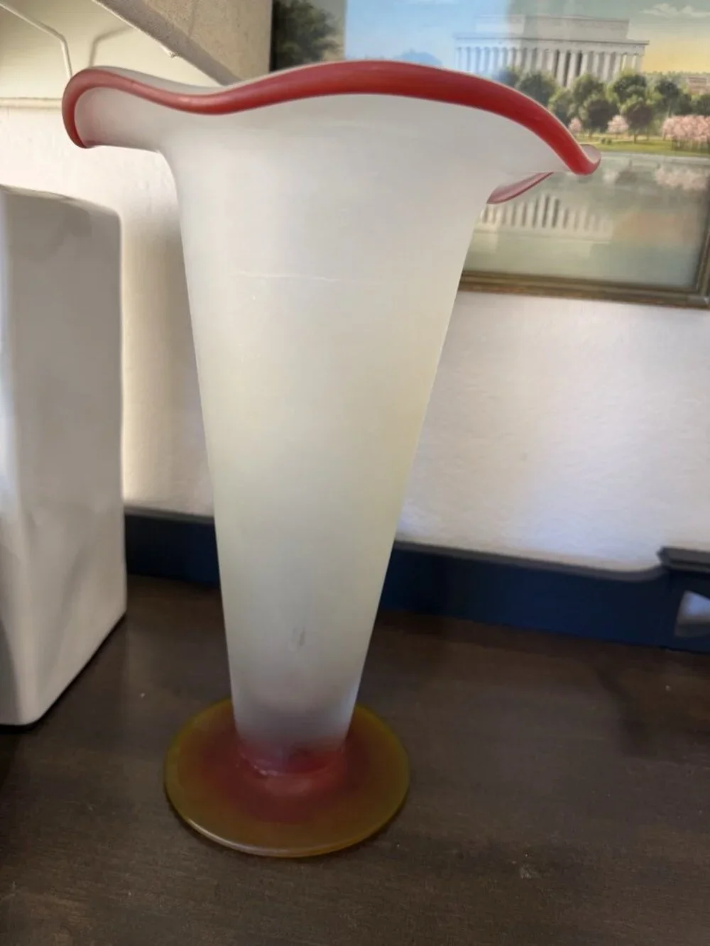 Vintage Mid-Century Art Glass Handkerchief Vase – Frosted White Red Amber – 11”